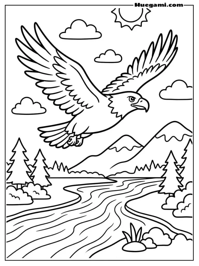 Free Printable Eagle Coloring Sheets for Kids 4 Eagle In Flight Over River