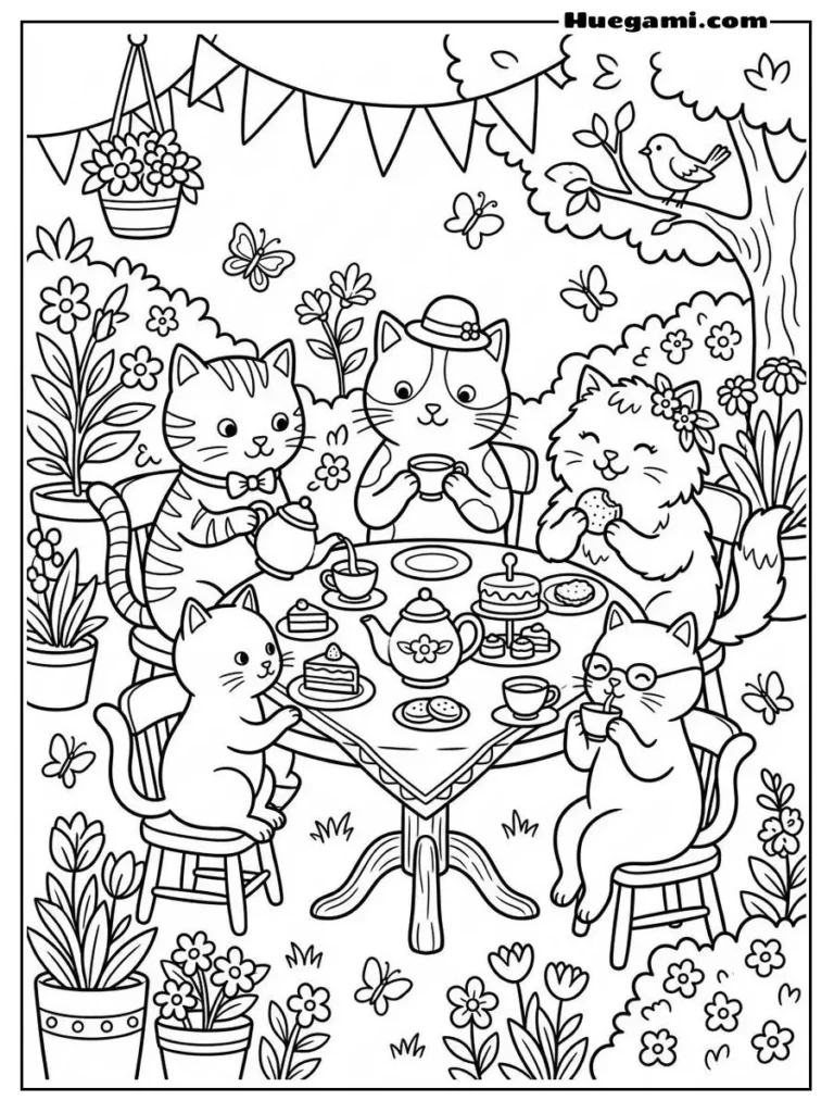 Five Cats Attending A Tea Party Coloring Image Illustration