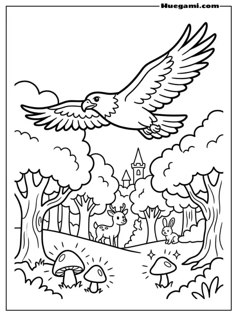 Free Printable Eagle Coloring Sheets for Kids 6 Flying Eagle Over Forest