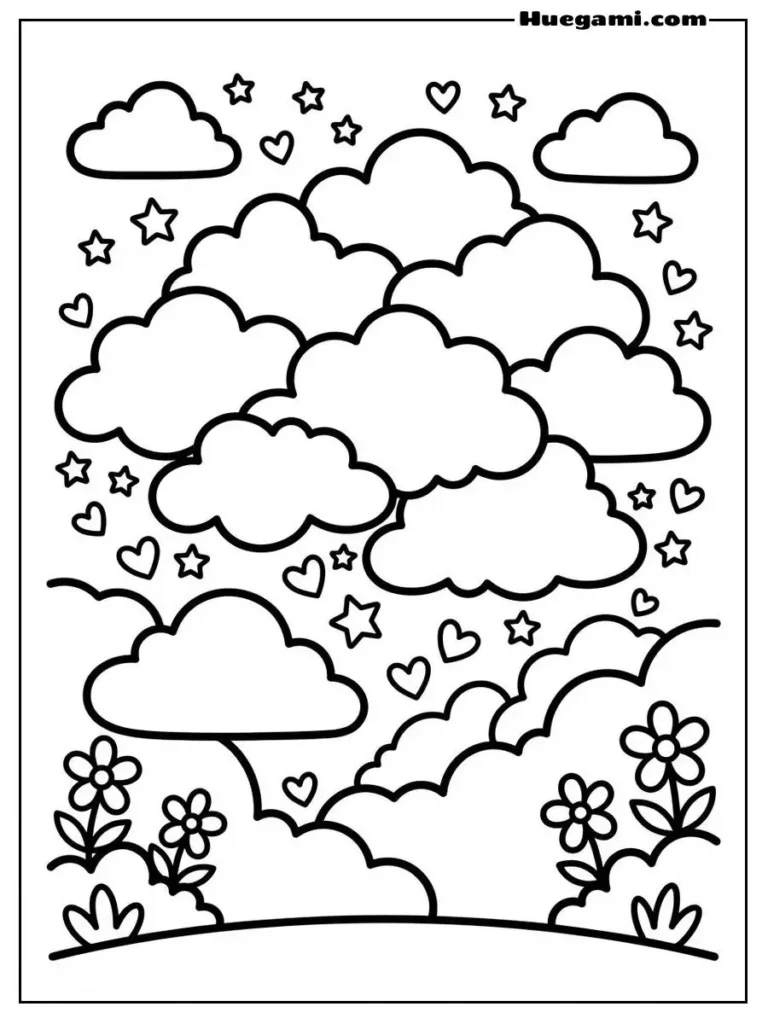 Free Printable Cloud Coloring Sheets for Kids 8 Kawaii Clouds With Stars Illustration