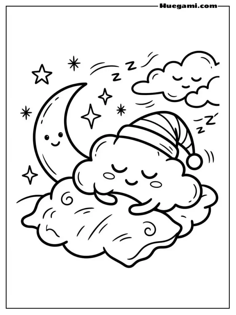 Free Printable Cloud Coloring Sheets for Kids 15 Sleeping Cloud With Moon Illustration