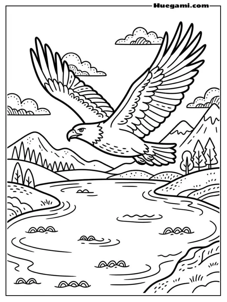 Free Printable Eagle Coloring Sheets for Kids 8 Soaring Eagle Over Lake