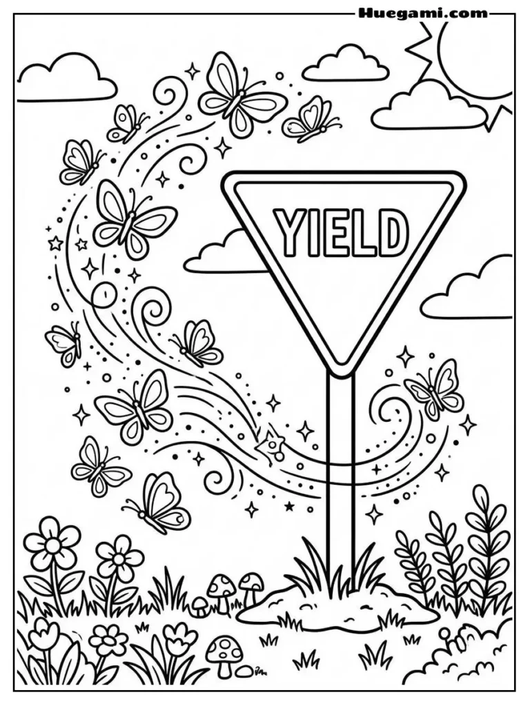 Yield Sign With Butterfly Swirl Illustration